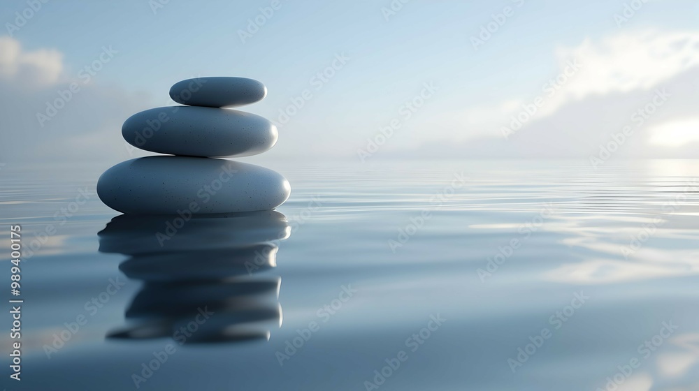 Zen Stones Stacked on Water with Reflection and Sky Zen Stones Stacked on Water with Reflection and Sky