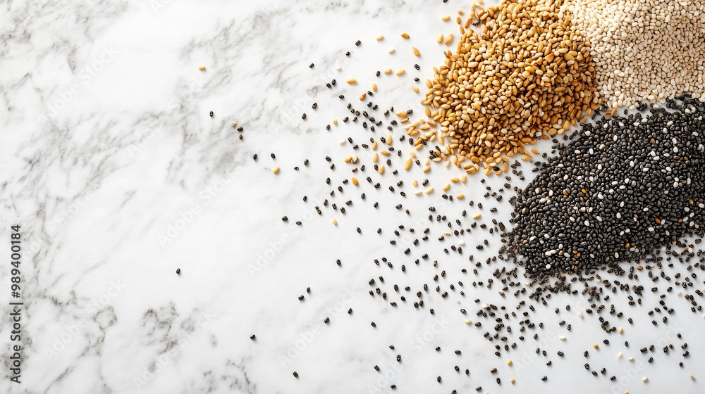 A scattering of sesame and chia seeds on a white marble background, creating a minimalist, modern composition A scattering of sesame and chia seeds on a white marble background, creating a minimalist, modern composition