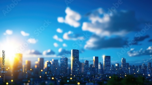 City skyline with bright sunlight and blue sky, clouds floating in the background.