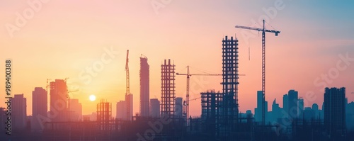 City skyline at sunset with construction cranes and buildings silhouetted.