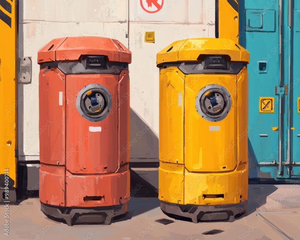 Colorful waste bins on an urban backdrop, promoting recycling and sustainability. Colorful waste bins on an urban backdrop, promoting recycling and sustainability.
