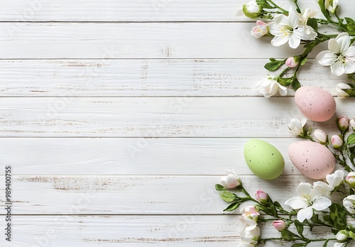 Easter Eggs and Flowers on White Wood