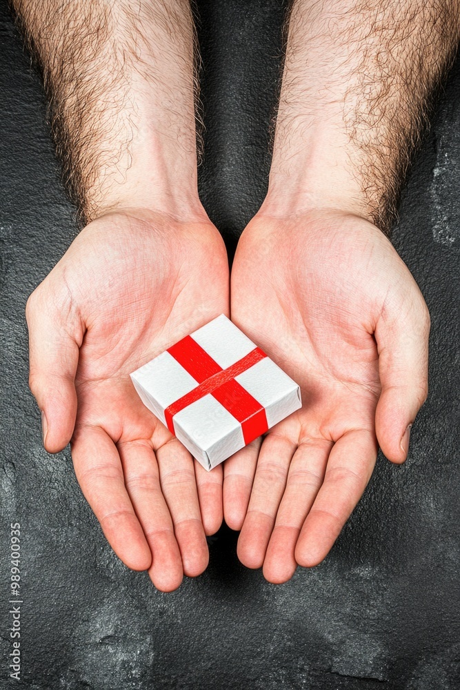 Hands presenting small gift box with red ribbon on black background Hands presenting small gift box with red ribbon on black background