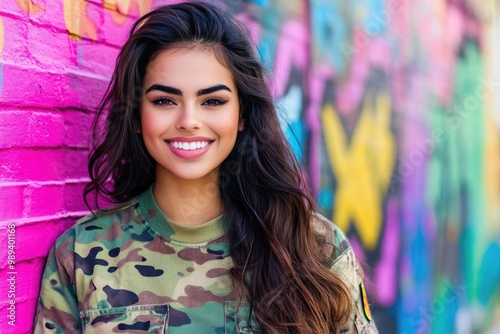 Vibrant urban portrait of young woman in camo jacket against colorful graffiti wall