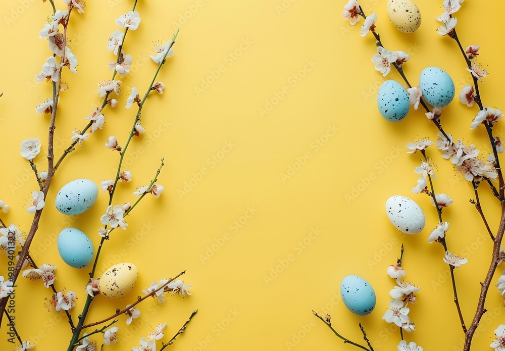 Fototapeta premium Easter Eggs & Willow Branches Flat Lay