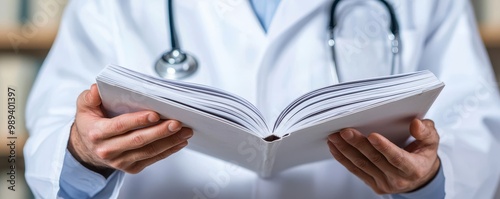 Doctor reading medical book with stethoscope, professional healthcare setting.