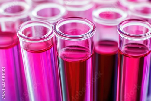 Vibrant pink test tubes filled with liquid for scientific research and experiments photo