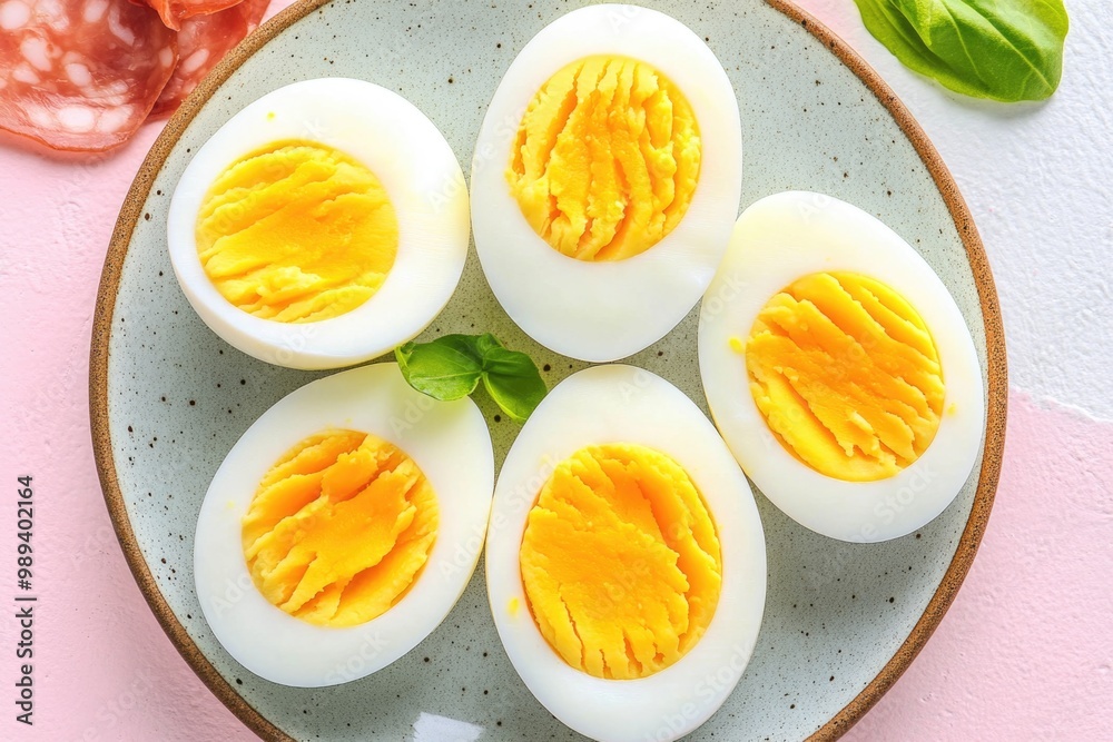 Freshly cut boiled eggs on a ceramic plate with basil and salami garnish Freshly cut boiled eggs on a ceramic plate with basil and salami garnish