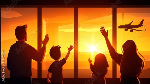 Family waving goodbye at sunset, airport window view, silhouette scene.