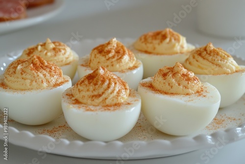 Delicious deviled eggs with paprika garnish on white plate