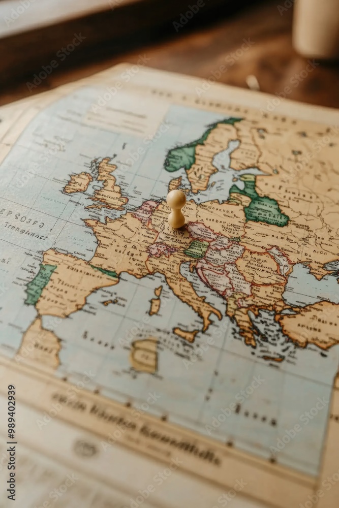 Fototapeta premium Exploration of europe: pushpin on vintage map highlighting travel adventures