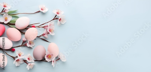 Pastel Easter Banner with Pink Flowers and Eggs