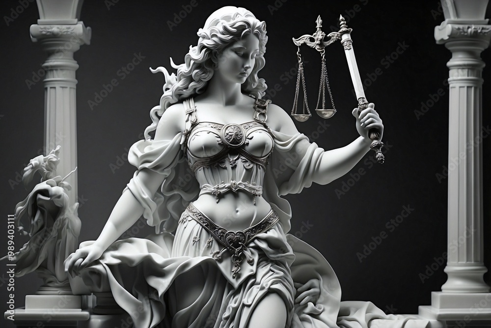 Obraz premium Statue of Lady Justice Holding a Sword, Crafted from White Marble, Symbolizing Justice and Law.