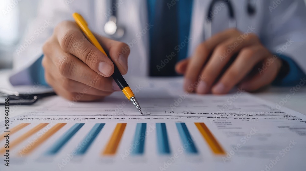 Healthcare professional analyzing data with graphs on paperwork using pen in hands. Healthcare professional analyzing data with graphs on paperwork using pen in hands.