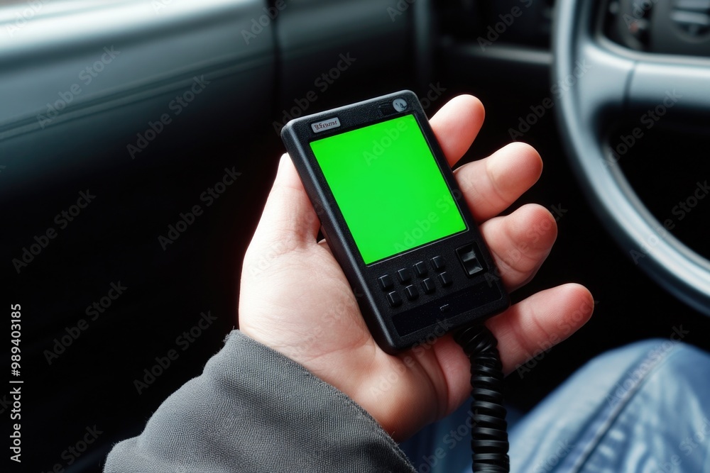 Hand holding gps device with green screen inside car for navigation and tracking Hand holding gps device with green screen inside car for navigation and tracking