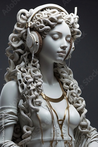 Marble Sculpture of a Woman Wearing Headphones in Ancient Roman Style, Embodying Modernity and Classic Aesthetic Traditions