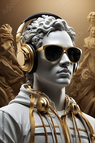 Greco-Roman Statue in Headphones and Sunglasses, Creating a Modern Look for a Music Album Cover, Merging Classic and Contemporary Styles.