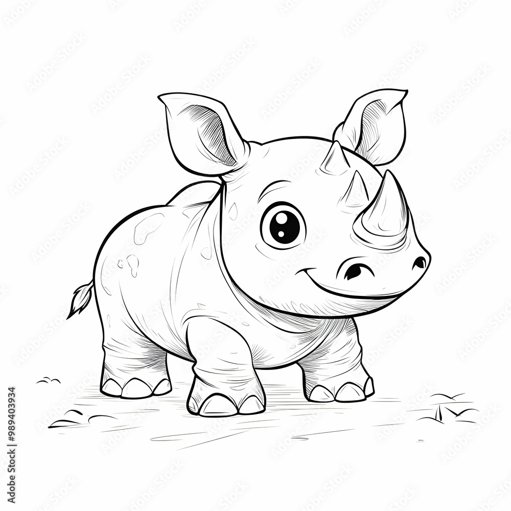 Fototapeta premium Cute Cartoon Rhino Illustration - Black and White