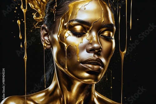 Obraz na płótnie Woman Face Painted in Gold on Black Background with Liquid Polished Metal Effect w salonie