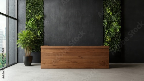 Modern reception desk in a stylish office with green wall plants and large windows for a welcoming atmosphere.