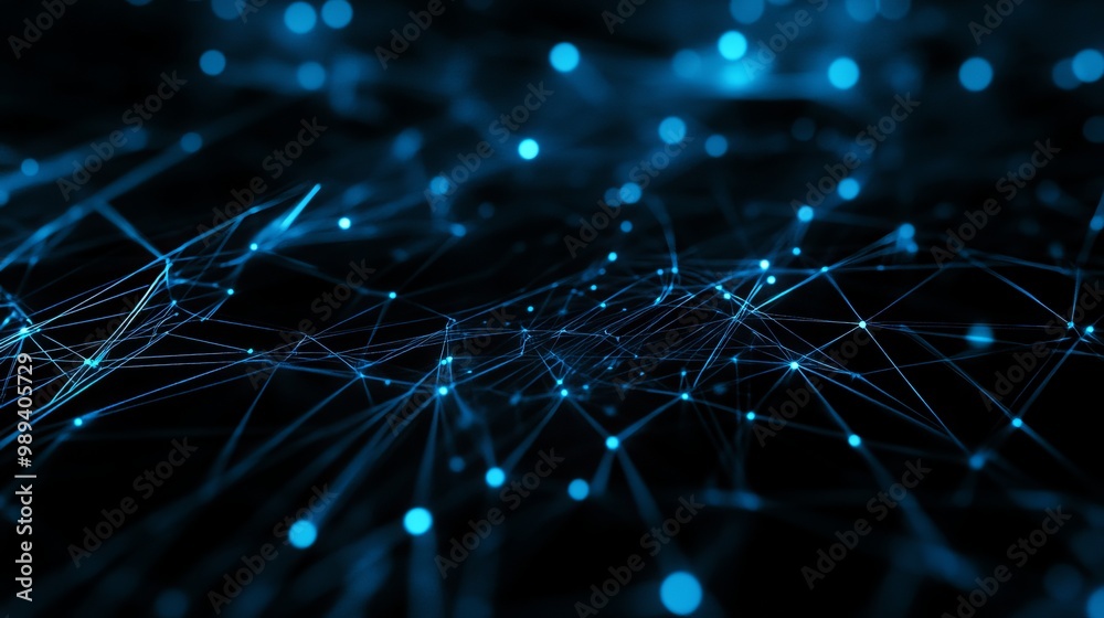 A futuristic dark black background featuring blue abstract lines representing internet network connections, AI, big data, and cyber communication technology