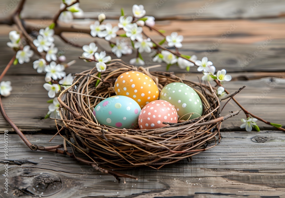 Easter Eggs in Nest with Willow Branches and Flowers Easter Eggs in Nest with Willow Branches and Flowers
