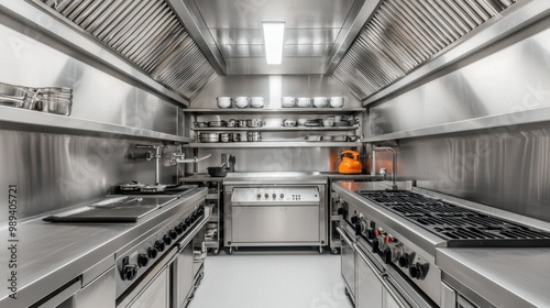 Modern stainless steel professional kitchen with organized cooking equipment and bright lighting. photo