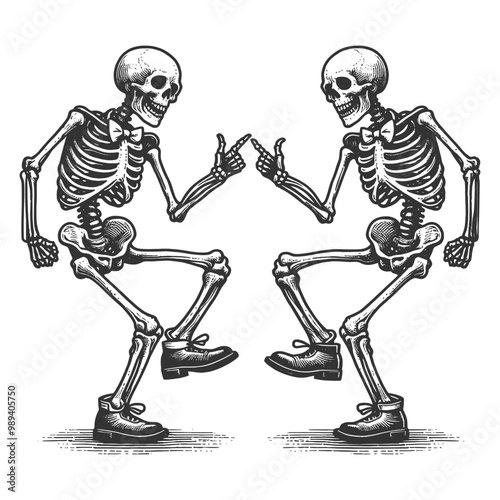 two skeletons, dancing and pointing at each other in a playful scene sketch engraving generative ai fictional character vector illustration. Scratch board imitation. Black and white image.