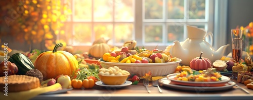 A beautiful autumn feast displayed on a table with pumpkins, pies, and colorful fruits, capturing the essence of the harvest season.