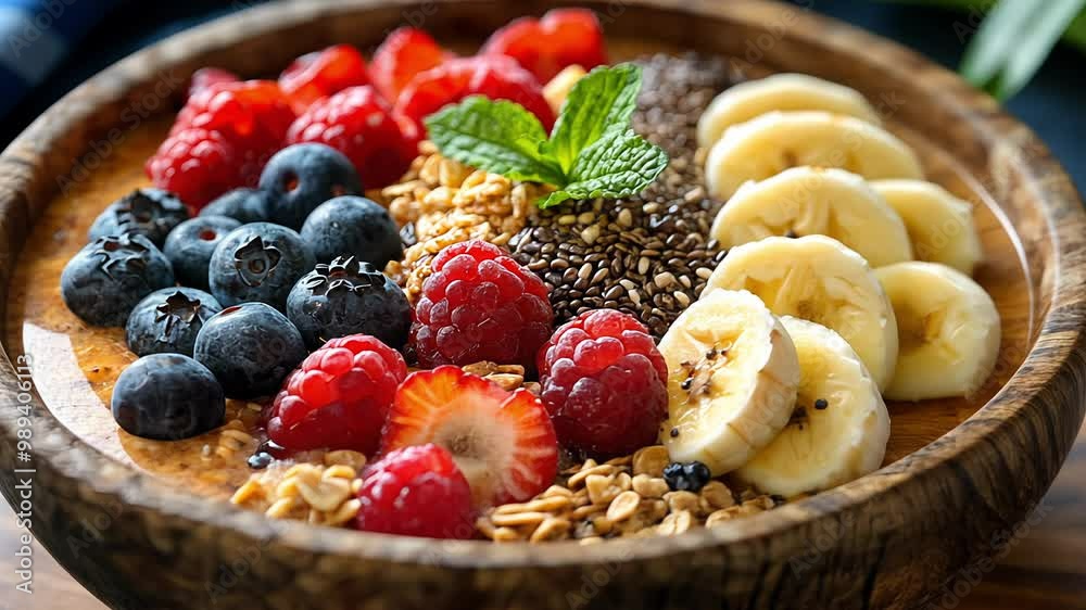 A colorful smoothie bowl is being prepared with raspberries, blueberries, bananas, and chia seeds, creating a healthy, vibrant breakfast option. A colorful smoothie bowl is being prepared with raspberries, blueberries, bananas, and chia seeds, creating a healthy, vibrant breakfast option.