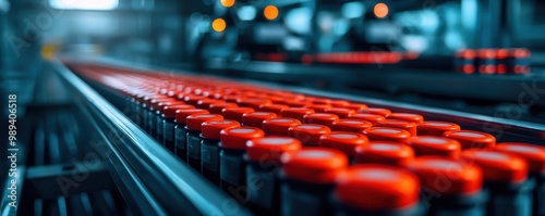 Row of red capped bottles on an assembly line in a modern factory photo