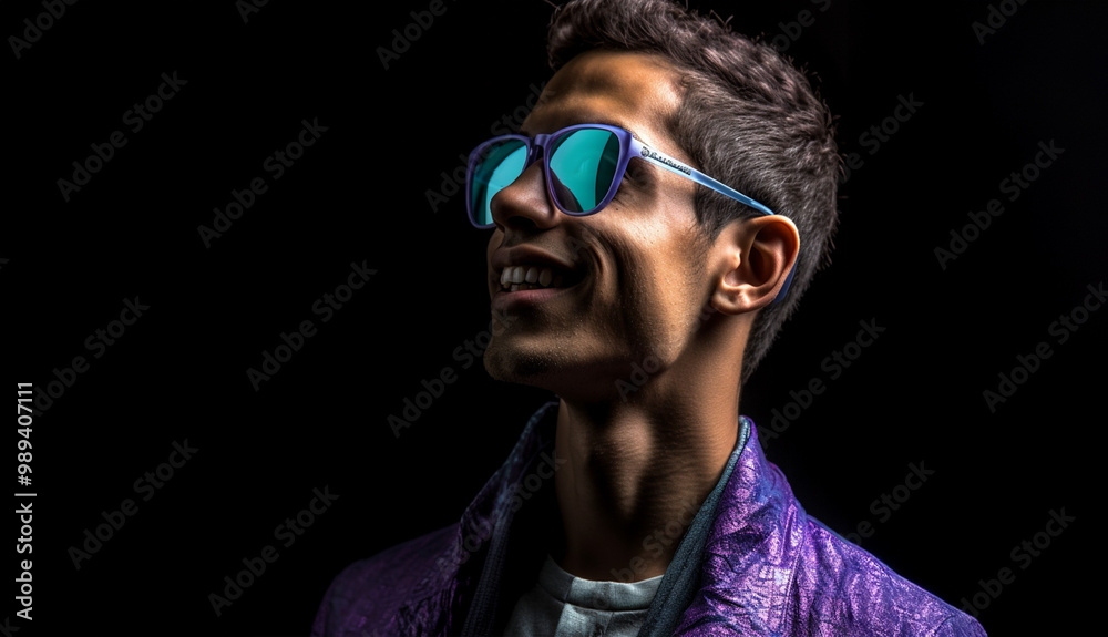 A man wearing glasses with a smile on his face in a party or celebration A man wearing glasses with a smile on his face in a party or celebration