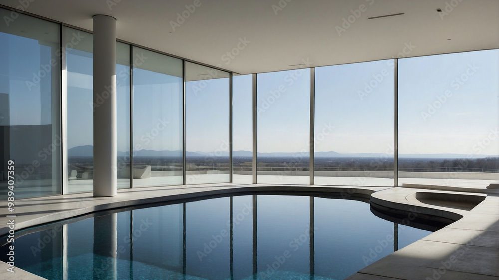 Fototapeta premium Futuristic Minimalist Architecture with Curved Lines and Glass Reflections