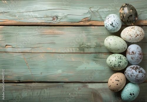 Easter Eggs on Rustic Green Wooden Background