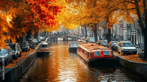 Picturesque Amsterdam Canals in Autumn Golden Leaves and Quaint Boats