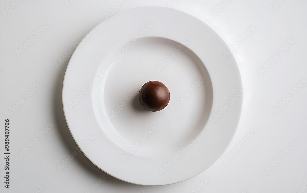 Delicate Minimalist Composition of a Chocolate Truffle on a White Plate Delicate Minimalist Composition of a Chocolate Truffle on a White Plate