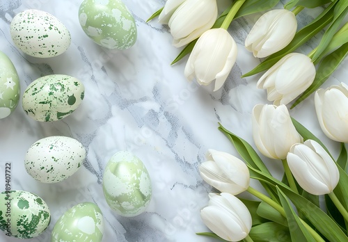 Easter Decor: White Tulips and Green Eggs on Marble