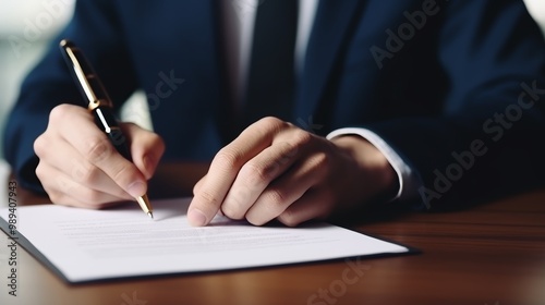 Close up view of a student writing with a pen during an examination in a classroom setting photo