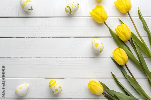 Easter Yellow Tulips & Painted Eggs on White Wooden Background