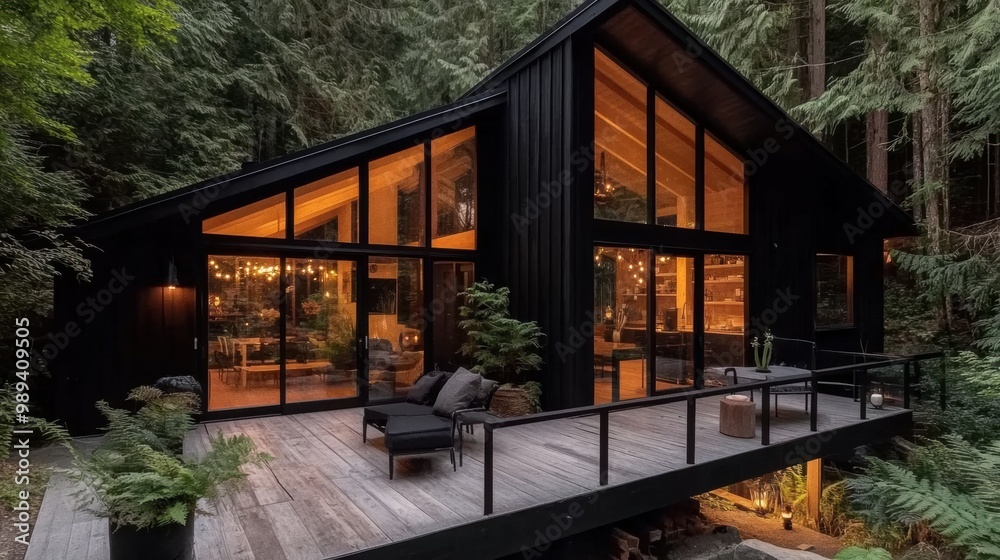 A black cabin with a deck and a patio A black cabin with a deck and a patio