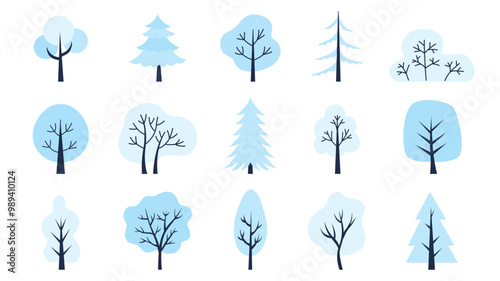 Winter trees set. Different colorful trees collection isolated on a white background. Simple flat style vector illustration. Design concept for a poster, banner, school book