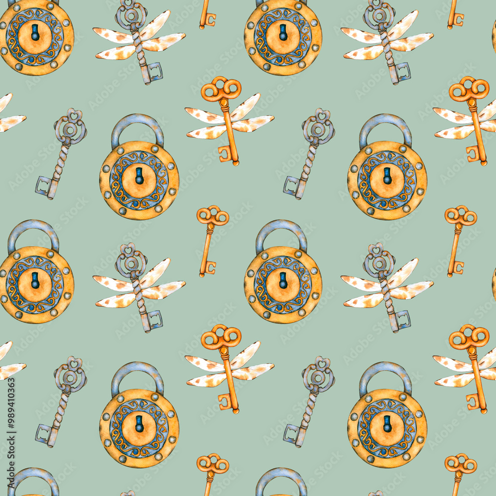 Watercolor seamless pattern with flying keys and an old lock. Vintage ...