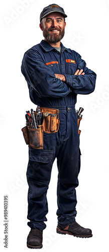 A smiling plumber with his arms crossed, wearing a blue uniform and a workwear hat over a transparent background., PNG cut-out