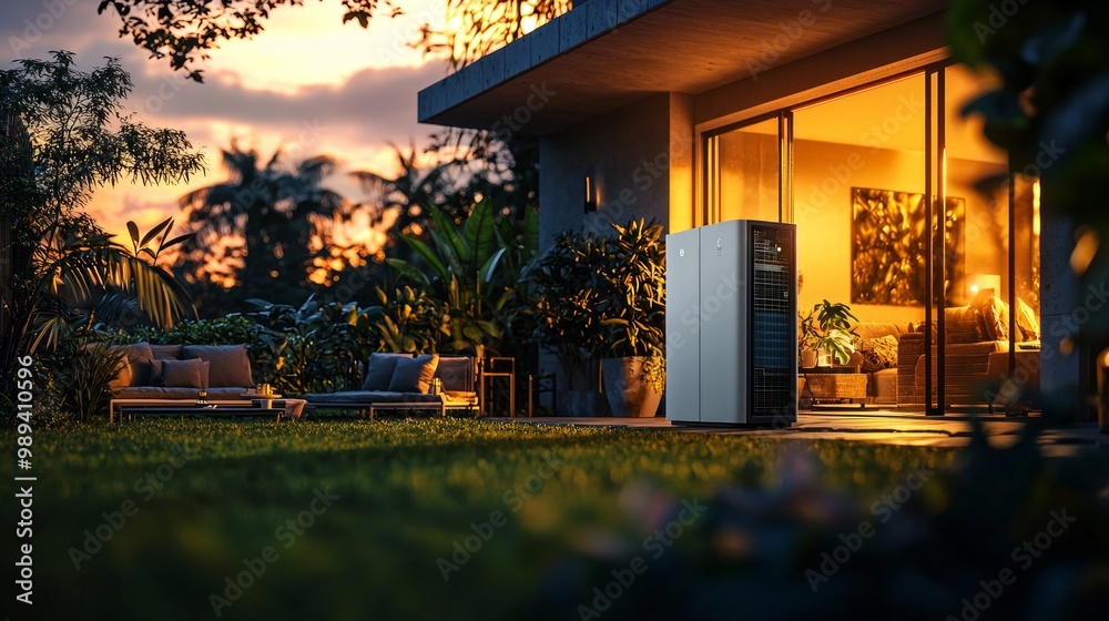 Obraz premium Modern luxury house exterior with warm evening lighting and lush garden