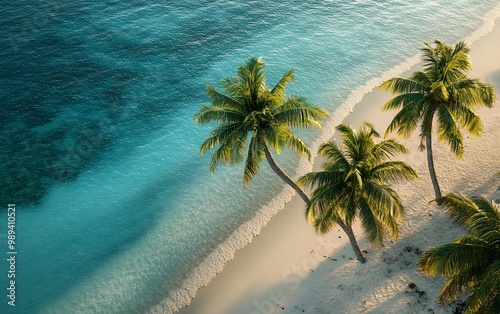 Aerial view of a tropical beach with palm trees and turquoise water. The white sand beach is a perfect spot to relax.