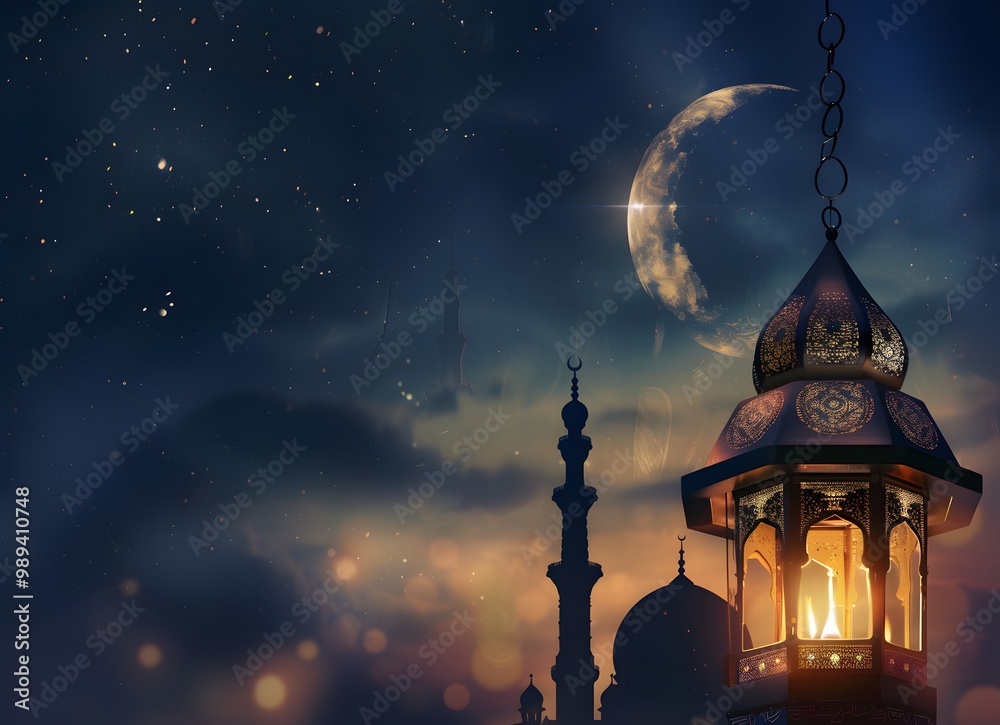 Eid Mubarak Lantern and Mosque Silhouette Eid Mubarak Lantern and Mosque Silhouette