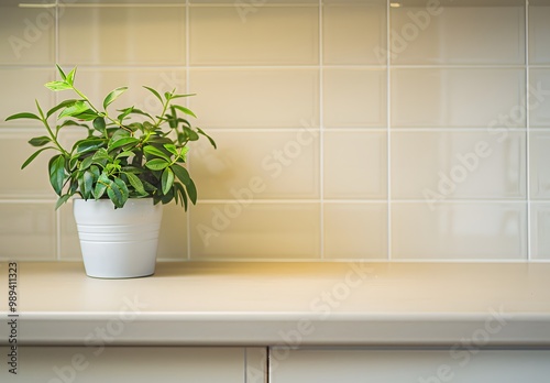 Beige Kitchen Countertop with Green Plant photo