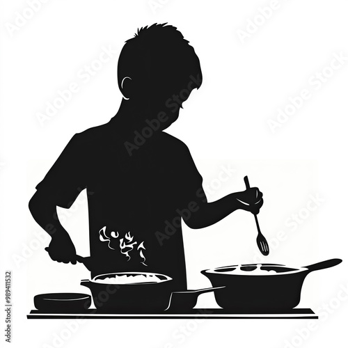 Kid Cooking Silhouette, Ill...