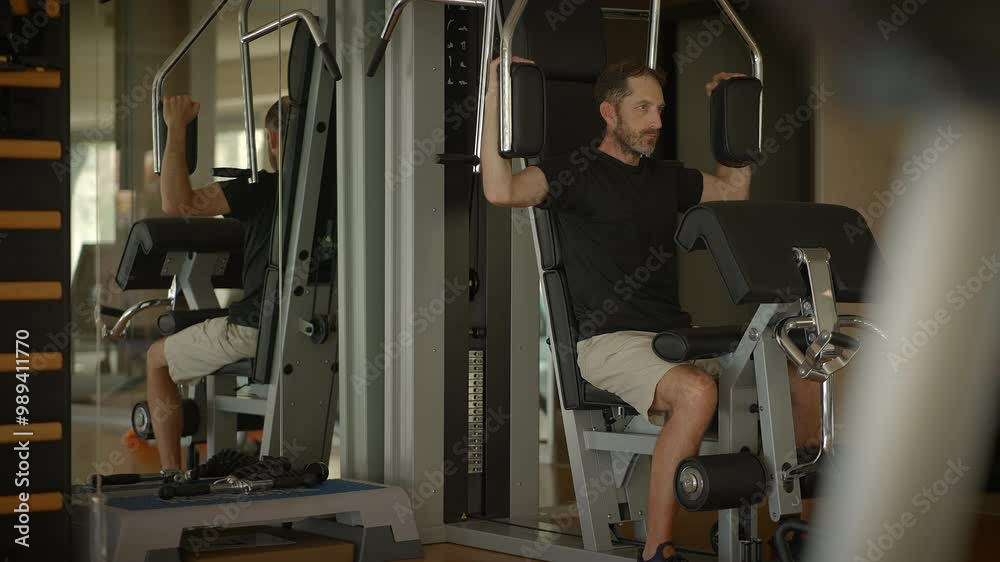 A dedicated man is utilizing a hightech exercise machine in a modern gym environment A dedicated man is utilizing a hightech exercise machine in a modern gym environment
