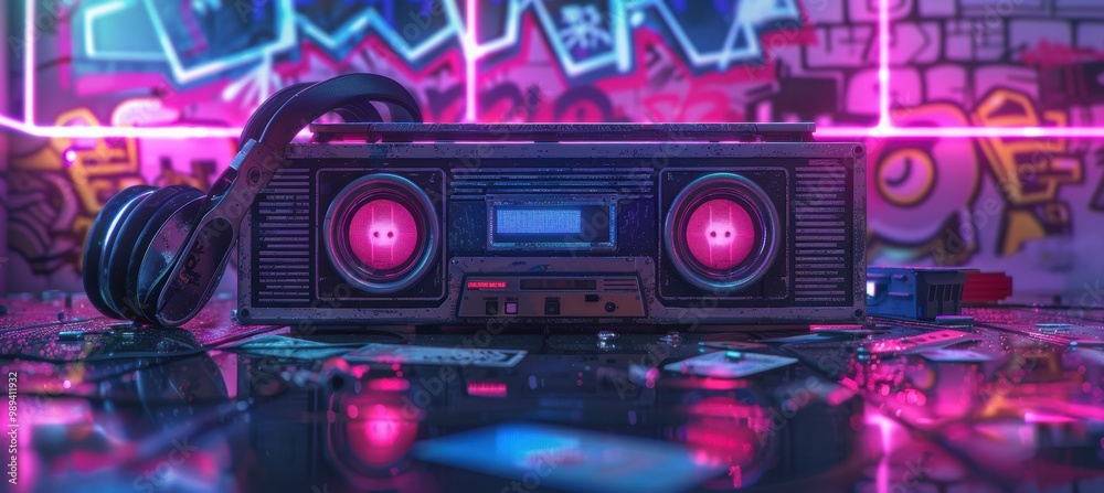 90s Music Mixtape Banner with Cassette Tapes, Headphones, and Boombox in Neon Graffiti Background 90s Music Mixtape Banner with Cassette Tapes, Headphones, and Boombox in Neon Graffiti Background